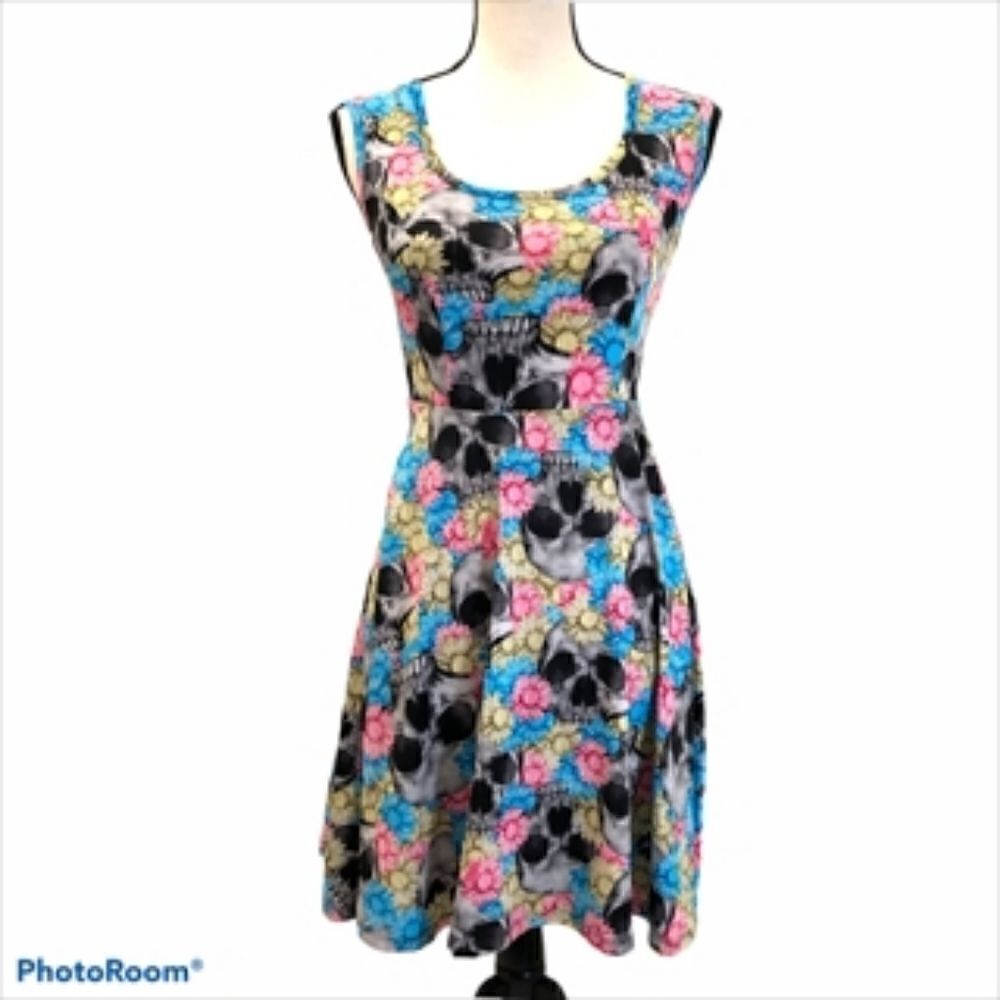 Hot Topic Multi Colored Skater Dress with Skulls. Size S.